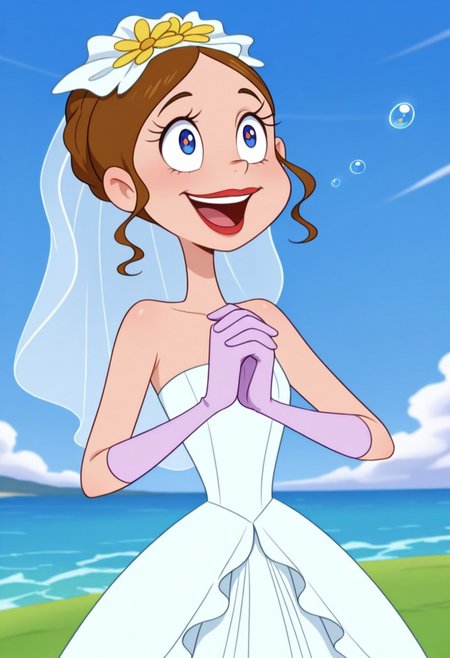 detailed background, solo, 1girl, FtpdMermaid, human, red lipstick, brown hair let down, blue and white wedding dress, white bridal veil, purple gloves, yellow flower on veil, holding Bucay of roses in hand, happy, (((expressive))), head movement, solo, ((body movement, hand movement)), wedding, wedding scenery, outdoors, on hill, ocean in background, beautiful sky, scenery, bubbles, detailed scenery, masterpiece, best quality, amazing quality, absurdres, newest, high res, ultra detailed, best quality, best artwork, detailed eyes, (eyes focus), perfect eyes, big iris, pupils visible, 4k, ultra quality, perfect face
