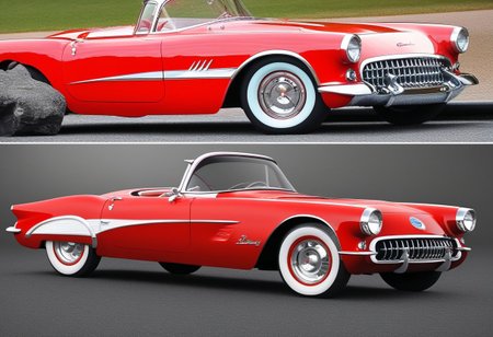 classiccars, ground vehicle, car, vehicle focus, no humans, high detail photography, sharp focus, outdoors, in style of a 1956 Chevrolet Corvette and a 1956 Ford Thunderbird. Color: Red.