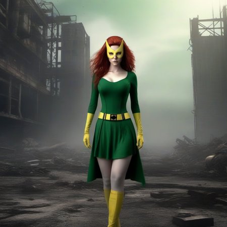 Dystopian style a fullbody skinny with big breast redhead woman wears a green dress and a yellow mask, powerfull superhero <lora:MarvelGirl1024:0.8> . Bleak, post-apocalyptic, somber, dramatic, highly detailed
