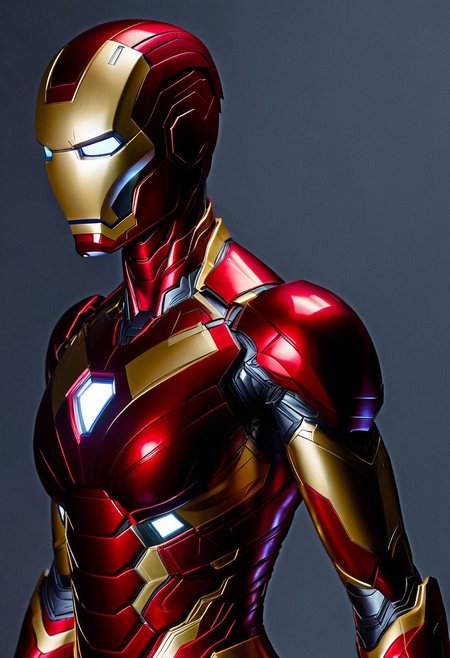 A woman's upper body is clad in a sleek, hyper-realistic Ironman suit, with metallic red and gold armor plating glistening under soft, cinematic lighting, set against a blurred, dark grey background, with a shallow depth of field, emphasizing the intricate details of the suit's texture and the subject's determined expression, in a photorealistic style reminiscent of a high-end digital painting.