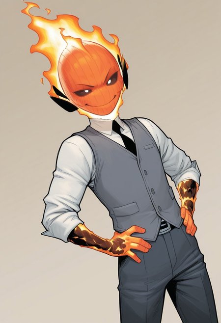 masterpiece, absurdres, high quality, perfect anatomy, 1boy, solo, cute boy, male focus, doyle, Orange Fire, Black Scelera, colored scelera, white shirt, grey vest, belt, sleeves rolled up, smug smile, hands on hips, cinematic, intricately detailed illustration, depth of field, masterpiece, best quality, amazing quality, very aesthetic, absurdres, newest, very awa,  shadow, dynamic angle, casual cosplay, dynamic pose, simple background,