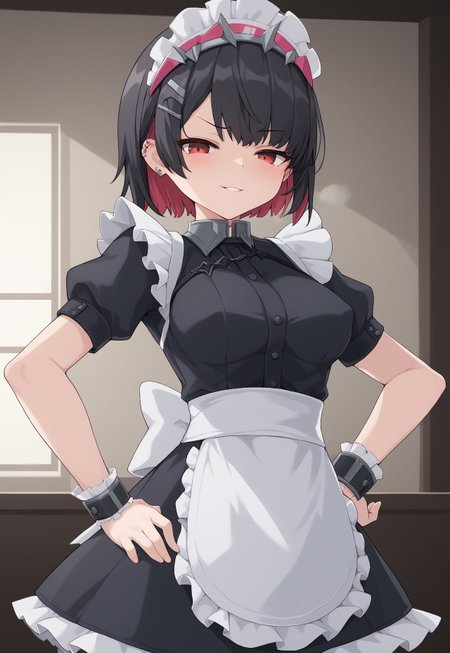 embedding:urn:air:sd1:embedding:civitai:222256@250708, score_9, score_8_up, score_7_up, source_anime, 1girl, solo, KJOellen, short hair, multicolored hair, black hair, red eyes, ear piercing, maid headdress, maid apron, puffy sleeves, short sleeves, cowboy shot, parted lips, dawn, kumasteam, hand on hip, from behind, covered nipple, raised eyebrow, smug, blush, 