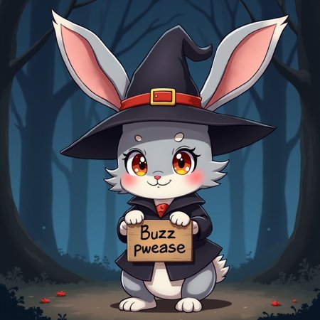 (masterpiece), best quality, expressive eyes, perfect face, feral bunny, animal, adult, wearing a witch hat, cute bunny, spooky, Halloween, night, forest, wearing a sign that says "Buzz pwease.", anime art style, anime, extremely cute