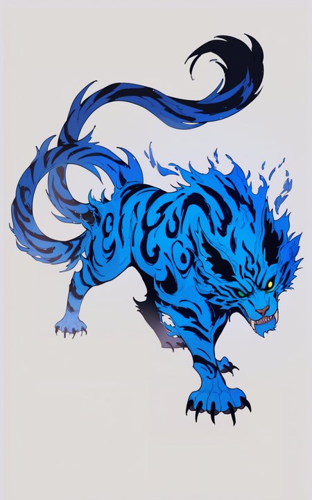 score_9, score_8_up, score_7_up,((best quality)), absurdres, ((full body)), <lora:BolivanteStyle:0.8>,  <lora:MTTBPXL:0.8>,MTTBPXL, two tails, claws, sharp teeth, stripes, furry, yellow eye, green eye, heterochromia, black sclera, fire effect, blue fur, blue skin, feral, white background, tails