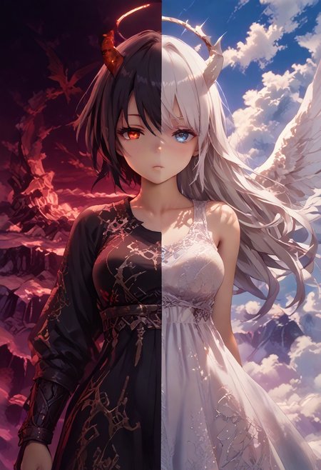 score_9, score_8_up, score_7_up, score_6_up, source_anime, masterpiece,
mythp0rt,
Vicineko, 3d, 
SplitScreen, split screen, upper body, <lora:SplitScreen_illusXL_Incrs_v1:1.2>,
1girl,
full body. petite, medium-large breasts, 
white hair,
halo,
blue eyes,
angel, 
white dress,
angel wing,
pure, 
adorable,
clear sky, clouds,
SplitScreen, split screen, upper body, <lora:SplitScreen_illusXL_Incrs_v1:1.2>,
1girl,
full body. petite, medium-large breasts, 
black hair,
demon girl,
red eyes,
human,
horns,
demon wing, 
seductive look,
black clothes,
see through clothes,
reddish hell scenery,
