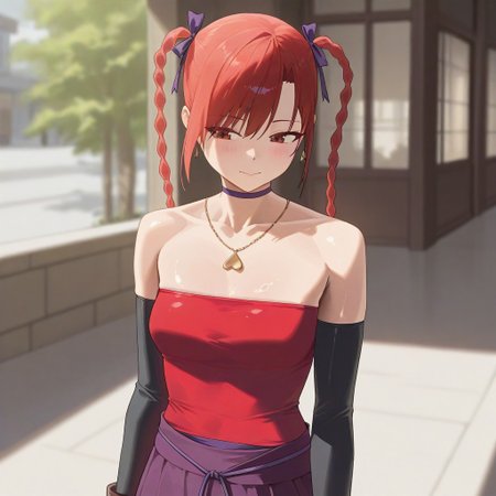 (best_quality, detailed, masterpiece, very_aesthetic, absurdres), general, m.q \(mqkyrie\), (zuharu:0.5)
BREAK
1girl, small breasts, upper_body, adult, ambient occlusion, ray tracing, shiny skin, blurry background, shadow 
BREAK 
sumiresmtnine, red hair, long hair, twin tails, choker, hair ribbon, earrings, necklace, red tube top, sleeveless, black elbow gloves, brown gloves, purple skirt