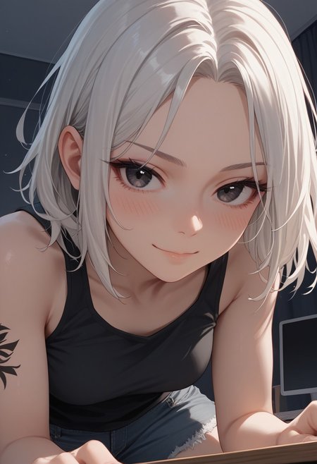 score_9, score_8_up, score_7_up, 26 years old,, zPDXL3, 1girl, solo, medium breasts, white hair,  (from below),
(face focus, close-up:1.6), eyeshadow, tattoo on arm, 
black eyes, medium hair, messy hair, dutch angle, chair, (white tanktop, black hoodie,  bare shoulders), denim shorts, pantyhose, indoors, computer desk, sitting behind desk, night, desk light,  relaxed, bedroom, smug, blush, looking at viewer,