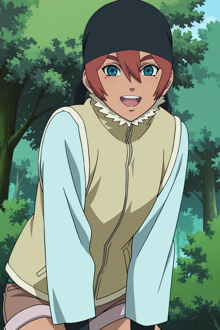 anime coloring,  anime screencap,
outdoors, trees,
 <lora:Amaru_Hanare_Isaribi_and_Koyuki_Naruto:.9>
Amaru (character), 1girl, solo, black bandana, shorts, blue eyes, open mouth, smiling, red hair, hair between eyes, vest, shorts, long sleeves, looking at the viewer, mole under eye