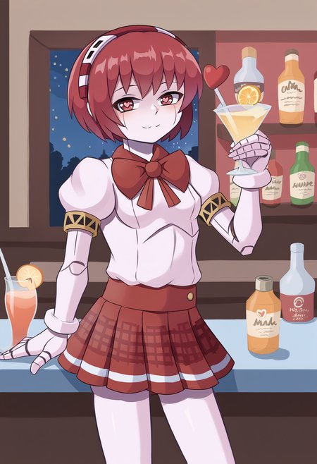 score_9, uncensored, source_anime
BREAK
1girl, solo, dorothy haze, petite, slim, robot joints, short hair, android, bow, puffy sleeves, looking at viewer, standing, bowtie, red skirt, puffy short sleeves, closed mouth, pleated skirt, small breasts, plaid skirt, bar \(place\), night, cocktail, naughty face, heart-shaped pupils
<lora:duhota_v4-1_adafactor:1> <lora:VA-11 Hall-A-xl-blend:1>