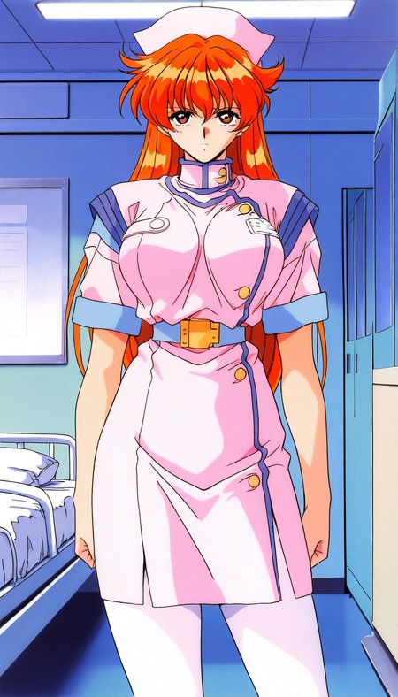 masterpiece, best quality, good quality, <lora:Nogiwa_Miho_OVA_IS:1>
Nogiwa_Miho_OVA, long hair, orange hair, bangs, brown eyes, large breasts, 1990s (style) 1girl, solo, nurse, hat, pantyhose, nurse cap, serious, hospital room, looking at viewer, white pantyhose, belt, short sleeves,