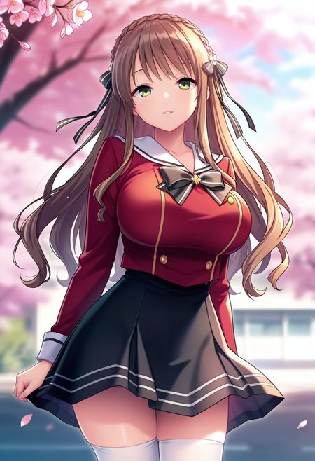 masterpiece, best quality, amazing quality,suzuna azuma, green eyes, brown hair, long hair, crown braid, hair ribbon, 1girl, solo,breasts, large breasts,school uniform, black bow, black skirt,white sailor color, red jacket, long sleeves, white thighhighs, parted lips, light smile, standing, looking at viewer, cowboy shot, blurry background, outdoors, school, cherry blossoms  <lora:suzuna azumaV1:0.9>