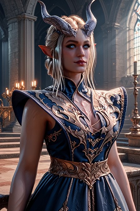score_9, score_8_up, score_7_up, score_6_up
<lora:BGMainFemale:1.0>
BGMainFemale, 1girl, blonde hair, blue eyes, demon horns, pointy ears, looking at viewer, portrait of a model, Renaissance-inspired dress, grand castle, historical setting, dramatic lighting