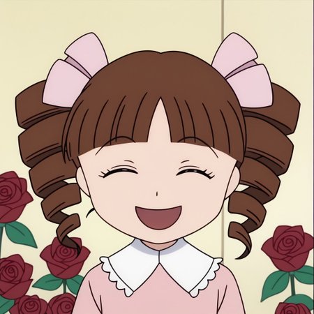 score_9, score_8_up, score_7_up BREAK HimekoJ, 1girl, brown hair, hair drills, blunt bangs, closed eyes, light pink ribbons, white-collared long-sleeved light pink dress, face view, face closeup, laughing, screenshot, official art, parody, anime footage, official design, screencap, anime screenshot, official screenshot, 2d, anime, source_anime, happy, cowboy shot, solo, solo focus, roses background, roses pattern,