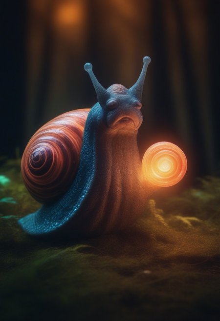 (snail wizard googly eyes), eating candy, sharp  teeth, Close up, blurry background.
glowing tress, forest
zavy-flrscnc, fluorescent, fluorescent spraypaint,