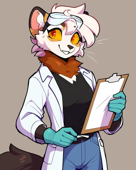 score_9_up, score_8_up, score_7_up, score_6_up, furry female, by remanedur, half-length portrait, female, furry, yellow eyes, neck fluff, yellow sclera, lab goggles, lab coat, white hair, tail, holding clipboard, medium breasts, looking at viewer, smile, short hair, black shirt, jeans, gloves, happy, smile, head tilt, standing, solo, three-quarter view, simple background,<lora:Leah_Pines(AIM)_XL_v1:0.15> <lora:PDXL_artist_tags_v2_big:0.5> <lora:The-Minuscule-Task_PDXL_v1.0:0.6>  <lora:Chise_sailorrooscout:0.7>