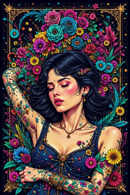 a woman sleeping, morning, woman, very intricate, very detailed, sharp, bright, colorful, <lora:Hand v2:0.5> <lora:Anti-Blur:1><lora:Insane Detail Slider:0.25>  <lora:flux.1_lora_flyway_Epic-detail_v2:0.3> <lora:fluxenhancer:0.25> <lora:ck-Neon-Retrowave:0.4> ck-rw, in the style of ck-rw,  <lora:Neurocore Anime Cyberpunk:0.8> A digital artwork in the style of cknc