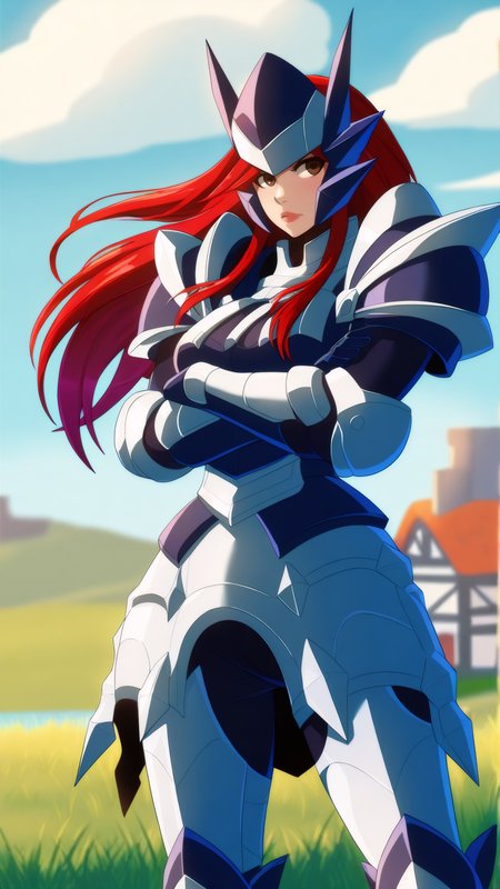 masterpiece, best quality, very aesthetic, absurdres, BREAK, 1girl, looking at viewer, cowboy shot, 
<lora:Adamantine_Erza_Illu_Dwnsty:0.8>,erz_adamantine, brown eyes, red hair, long hair, armor, helmet, full armor, gauntlets,
large breasts, lips, serious, crossed arms, 
outdoors, sunlight, blue sky, cloud, village, grass, landscape,