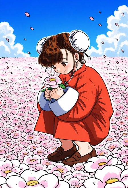best hands,  <lora:gokuudoh_extragirl_IL:1>full body, looking down, 
gokuudoh_extragirl, gokuudoh_style, 1girl, solo, brown short hair, hair bun, double bun, bun cover, smile, closed mouth,  flower, squatting,
long sleeves, chinese clothes, brown shoes, 
holding flower, petals, 
BREAK outdoors, flower field, day,  sky, cloud,