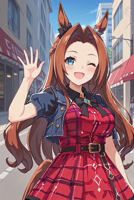score 9,score 8 up,score 7 up,rating questionable,detailed background,aroused,cinematic lighting,dynamic lighting,source_anime,
kawakami princess \(umamusume\),<lora:Kawakami_Princess:0.7>,K_Princess,kawakami princess,blue eyes,blown hair,parted bangs,long hair,one length hair,short ponytail,crown braid,horse ears,horse tail,large breasts,
outdoors,building,street,
casual,ear ornament,(red dress,plaid dress:1.2),(black shirt:1.2),(collared dress),(denim jacket,short sleeves,cropped jacket),(black bow,belt),black socks,red footwear,smile,open mouth,blush,(upper body),official costume,looking at viewer,waving,one eye closed,