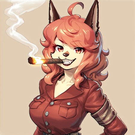 score_9,score_8,score_7,source_furry,
<solo:1.5>,
<1girl:1.5>,
flam_kish, dog girl, flam_fuga, red hair, 
official style, official art,
( art by dd (ijigendd) ) ,,
flam_kish_fuga, flam_kish, flam_fuga, dog girl, fanart, alternate style, 1girl, solo, shirt, furry, furry female, looking at viewer, breasts, upper body, animal ears, smile, collarbone, red eyes, simple background, smoke, teeth, brown background, large breasts, horns, medium hair, red hair, grin,
 <lora:Flam_Kish_Fuga:1> flam_kish