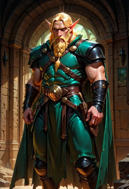masterpiece, best quality, newest, absurdres, highres, Dark-Fantasy-Cardd-V.2.0, 
1boy, pointy ears, muscular, muscular male, blonde, beard, facial hair, mustache, armor, robe, cape,  
