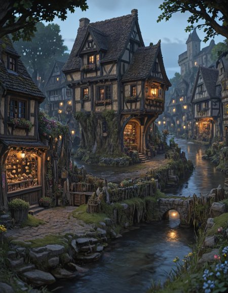 <lora:Medieval_Worlds_outsidexl:1> mw01out, medieval, very detailed, river, moss, illuminated, city lights, vegetation, flowers, roots, grass, shop, house on roots
