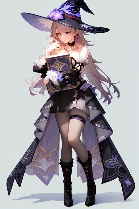 (score_9, score_8_up, score_7_up), 1girl, solo, the herta, witch hat, black choker, necklace, detached sleeves, thigh strap, black pantyhose, frilled boots, standing, open book, arm hug, thinking, simple background, <lora:herta-hsrPO-v2ar:0.9>