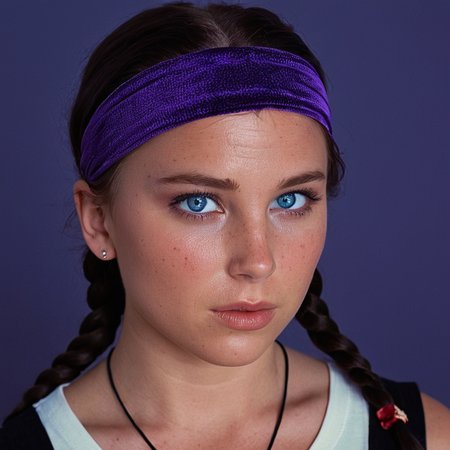 cinematic film still of  <lora:Devon Lee:1> Devon Lee
<lora:eyetune:0.1>
<lora:perfection style:0.1>
<lora:detailed:0.1>
neutral facial expression of a woman with a black top and a purple headband, movie themed, sharp, detailed skin, epic cinematic photography, artistic, creative, wrinkly face, dramatic lighting style, cinematic color style, Kodak film style, skin pore, emotional style, gustier style, facial expression style, neutral facial style, 1girl, solo, looking at viewer, blue eyes, black hair, jewelry, earrings, portrait, realistic, simple background, 1boy, braid, male focus, blood, freckles, photorealistic, sad smile,
, shallow depth of field, vignette, highly detailed, high budget, bokeh, cinemascope, moody, epic, gorgeous, film grain, grainy