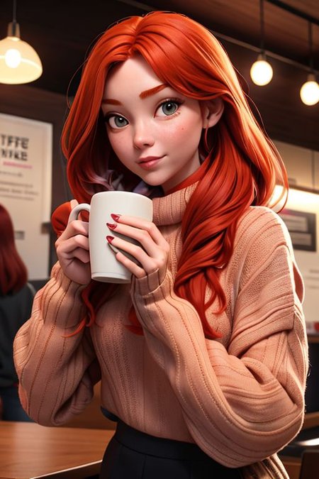 real photo, a very beautiful red-haired girl in a warm sweater drinks coffee