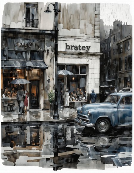 Inkquaria. A digital illustration shoot from the side about a rainy city street scene with a vintage car parked in front of a restaurant on a rainy day. the image also shows a cityscape with buildings, people, and an umbrella. on the right side of the image, a blue car is parked on the wet pavement. the building on the left side is a building with a sign that reads "bratey" and a few people are standing outside, some of them are holding umbrellas, while others are walking on the sidewalk. the scene is set in an urban setting, with a puddle of water reflecting the buildings and the sky. the background is a mix of black and white, with raindrops falling from the sky, adding to the moody atmosphere of the scene.