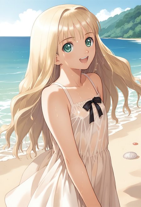hortensia,score_9,score_8_up,score_7_up,source_anime,best quality,masterpiece,illustration,8k,smooth_lines,1girl,solo,adorable_girl,very_long_hair,(small_chest:0.7),smile,narrowing,open_mouth,white_long_sundress,wet_sundress,looking_at_viewer,beach,wet,water,(to_soak_viewer:1.1),(profile_face)