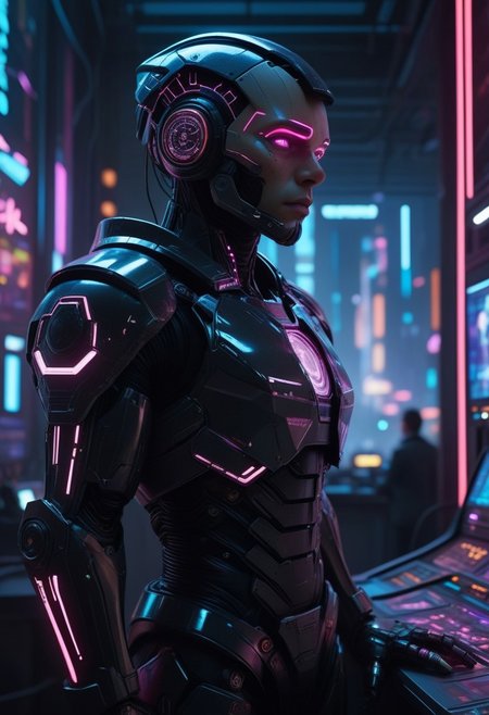 corporate enforcer in a dystopian metropolis, stern and authoritative expression, clad in sleek, black armor with glowing insignias, standing in a high-tech control room with holographic displays, skyscrapers visible through the large windows, air filled with the scent of artificial coolants and high-tech equipment, distant sounds of robotic announcements and city noise, use of 'high resolution', '8k', 'hyper-detailed', 'dystopian', 'cyberpunk', 'dramatic lighting' to highlight the character, 'depth of field' for immersive effect, 'HDR' for high dynamic range