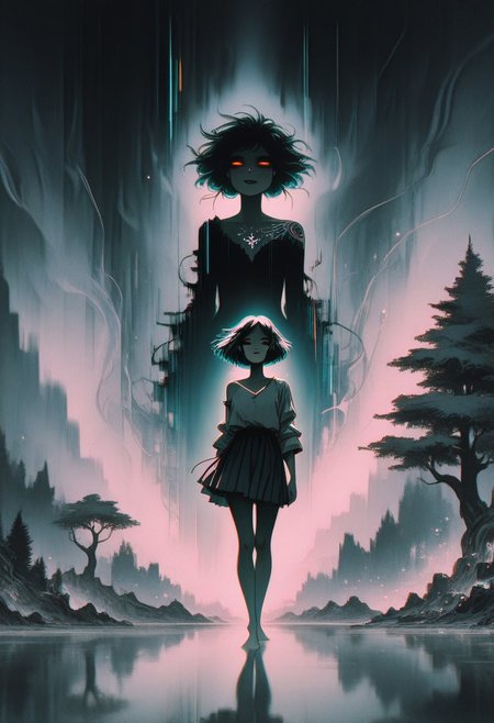 (masterpiece, best quality, amazing quality, very aesthetic, absurdres, newest, OTZZK, Studio Ghibli Dark Fairytale, glitch, glitch art, detailed glitch), (moody elegance:1.2), cinematic lighting, surreal textures, broken beauty
1girl, black bangs, short tousled hair, deep eyes catching faint light, slightly parted lips, glossy and inviting, standing barefoot in soft ground fog, oversized shirt slipping off one shoulder, revealing a hint of cleavage and smooth skin, short pleated skirt riding up to expose more of her thighs, smooth legs visible in motion, motion blur:1.5, body slightly arched mid-sprint, glowing red eyes from behind, shadow tendrils reaching like smoke, subtle curves accentuated by the moonlight, a hint of a sultry smile playing on her lips, a sense of raw, untamed allure and sensuality, her movements fluid and graceful, a hint of a tattoo visible on her shoulder
Nighttime forest scene bathed in soft moonlight, haunted stillness, eerie silhouettes of trees, ground wet and shining, glimmering puddles reflecting glitchy fragments, floating hair, glowing particles drifting, atmosphere charged with quiet tension and erotic energy, dramatic shadows, muted reds and cold blues, high contrast, dreamlike palette, dark fairytale ambiance, haunted beauty, sensual and alluring