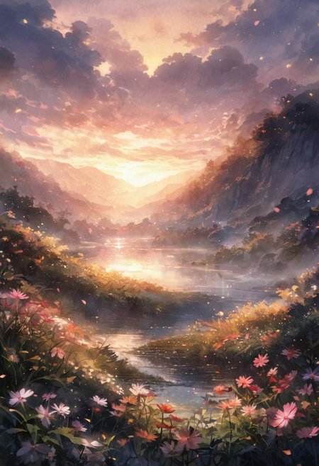 watercolor, detailed background, great lighting,( Calm Autumn morning landscape), amongst lush greenery, beautiful view,  surrounded by mist, morning mist, Cosmos in full bloom, Cosmos, Unexplored, early morning, sunrise sky, beautiful clouds, dappled sunlight, beautiful, Tranquil Lake, petals dancing in the wind, depth of field, masterpiece, best quality, ultra-detailed, very aesthetic, illustration, perfect composition, intricate details, absurdres, moody lighting, wisps of light, no humans,