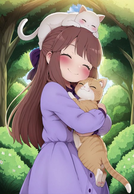 Dagashi_(Daga2626), 1girl, brown hair, sidelocks, half updo, long hair, purple dress, masterpiece, best quality, absurdres, cute, kawaii,
outdoors, nature,
standing, holding cat, hug, (cheek press:0.8), kitten, cat on head, happy smile, closed eyes, very happy,
intricate, highly detailed, majestic