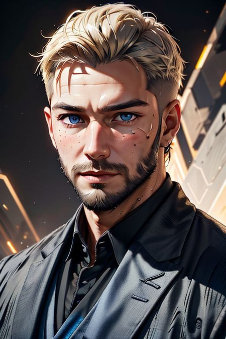 Master piece, highest quality, highest possible OverallDetail, semirealistic,  blue eyes,
Create an elder of a cultivator sect. 
The character looks like he is in his late twenties or early thirties. 
He is bald and has a long blond-golden beard. 
His eyes are blue. Detailed face.