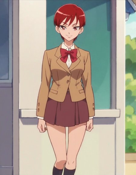 score_9, score_8_up, score_7_up, anime screencap, solo,1girl,kenjouakira,school uniform, skirt,brown blazer,  jacket, bow, smile,   looking at viewer,   cowboy shot,wide hip,medium breasts,<lora:kenjouakira:0.8>