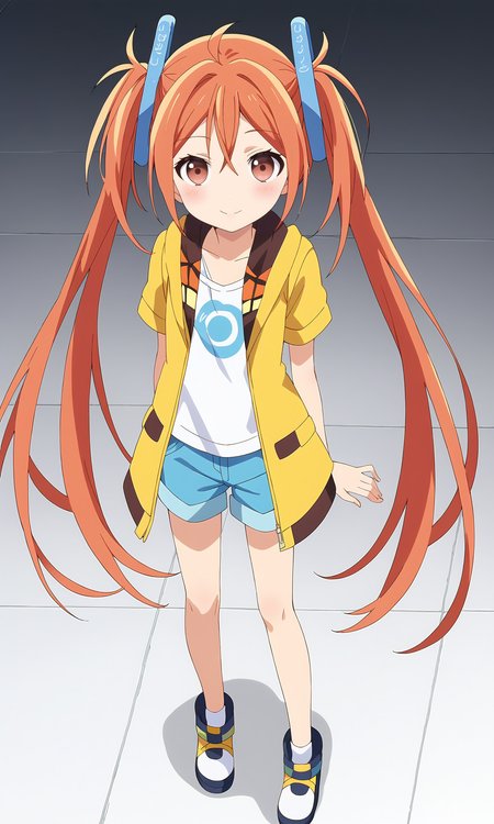 score_9, score_8_up, score_7_up, source anime, prefect lighting, very aesthetic, BREAK, anime screencap, anime coloring,
<lora:aihara_enju_v1-pony6:0.8>, 1girl, aihara enju, black bullet, orange hair, long hair, flat chest, twintails, blue hair ornament, 
BREAK, looking at viewer, light smile, blush, shorts, full body, jacket, short sleeves, standing, 
BREAK,