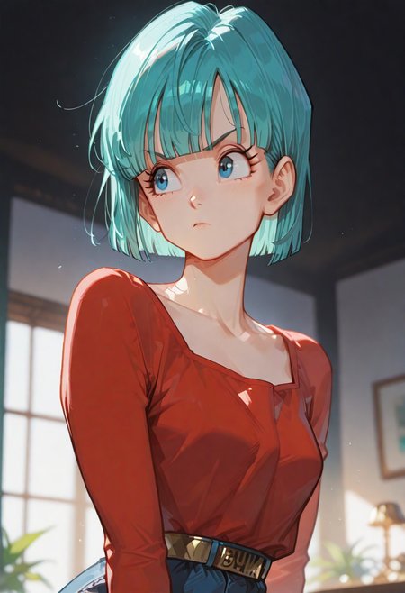 masterpiece, ultra-HD, cinematic lighting, impressionism (1.5), high detail, depth of field, (blurred background), (dramatic lighting),masterpiece, best quality, very aesthetic,8k,masterpiece, best quality, masterpiece, best quality, 8k, 
bulma, aqua hair, blue eyes,outfit_mama_trunks, short hair, blunt bangs, red shirt, long sleeves, collarbone,
simple_background,  half close-up, sexy pose,
((slim body)), (small breasts), Dynamic angle, Dynamic pose, portrait,