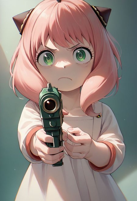 score_9, score_8_up, score_7_up, 1girl, solo, (Anya,bangs, green eyes, pink hair, female child, anya (spy x family),hairpods, child, dress), disgusted face, holding gun, aiming, aiming at viewer, finger on trigger,