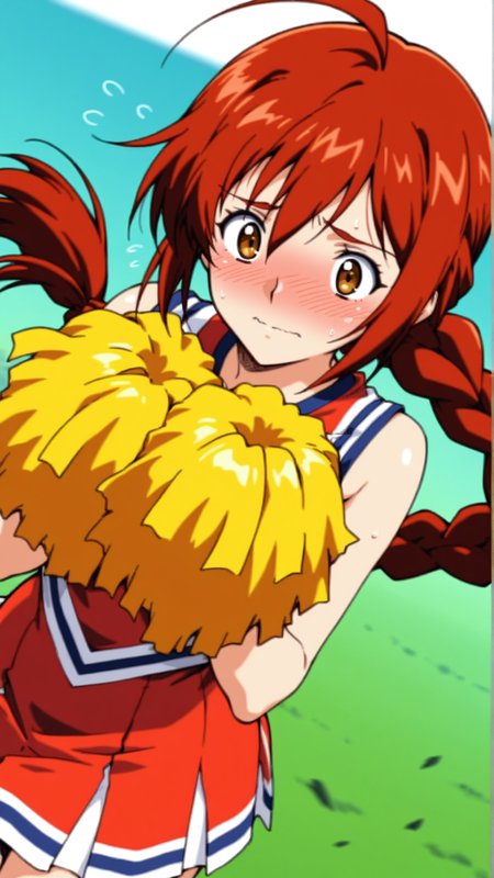 source_anime, general, best quality, masterpiece, 1girl,  <lora:honey_B_ill:1> honey_b\(gbattle\),braid, red hair,long hair,single braid,brown eyes,cheerleader, flustered, (embarrassed:0.8) , dynamic pose, dutch angle,