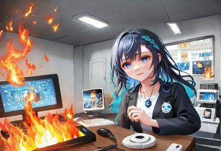 <lora:XDetail_light:0> <lora:BetterTextRedmond:1> a Burning computer with Text a that displays  Computer From Angled view Displaying, (("SERVER ERROR",))detail1eye, Burning computer servers, Burning computers in the background, Computer Servers is on fire, Computers on fire, fire, Computers, Computer Server systems, Computer Servers in the background, 1girl,fire,sitting,smile,chibi,table,chair, labcoat, shirt, shirt tucked in, single vertical stripe, black skirt, pencil skirt, pantyhose, necklace, belt, civitai-chan, braided bangs, ((background of a bunch of Burning Servers,)) 1girl, girl, Accurate details, Burning,
Burning Keyboard's,  civitai-chan hair on fire,  civitai-chan Defeated expression, Defeated expression, Sad and defeated expression, Depressed eyes, Standing, Looking at burning computer server, Looking at computer server, From an angle, From an angled view,
