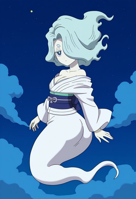 0.9best hands, 5 fingers, <lora:enra_enra_Official_IL1.5:0.8> Pale skin, chibi
(from behind:1.2, looking back, ass focus),
enra_enra_Official, Official Art, 1girl, solo, Light Blue Cloud-like hairstyle, looking at viewer, blue eyes, cleavage, bare shoulders, japanese clothes, white kimono, off shoulder, hair over one eye, youkai, ghost tail, sash, Collarbone, Left eye hidden, 
BREAK outdoors, night sky, star \(sky\), on night sky, flying, floating, ghost tail,