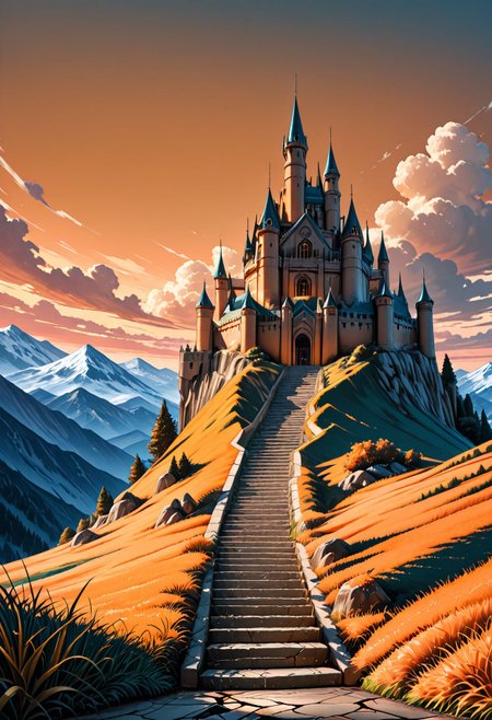SmoothNoob_Quality, no humans, castle, cloud, gradient sky, mountain, mountainous horizon, orange sky, orange theme, outdoors, scenery, grass landscape, cracked floor, stairs,​​​