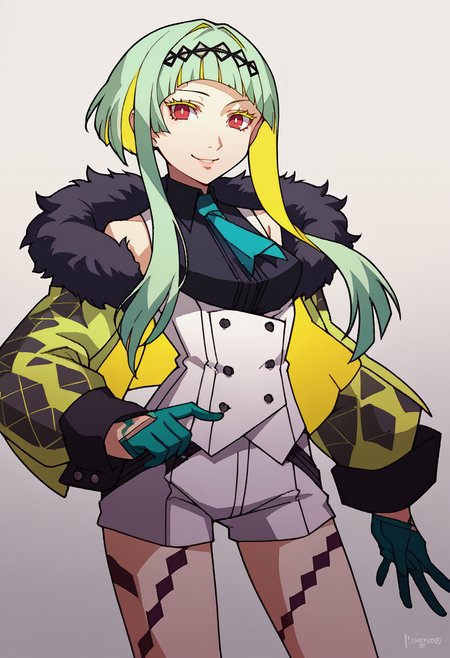 score_9, score_8_up, score_7_up, source_anime, BREAK, solo, 1girl, looking at viewer, smile,  <lora:P3-Portraits-pdxl_Fp:1>, simple background, <lora:Ringo-pdxl_Fp:1>, ringosh2, short hair with long locks, green hair, multicolored hair, red eyes, hairband, white vest, white shorts, gloves, necktie, shirt, body markings, sleeveless, collared shirt, jacket, cropped jacket, fur trim,