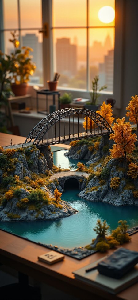(indoor,very wide isometric view,tilt-shift lens:1.6), (windowless,miniature,miniature,diorama,miniature,diorama,PVC,plastic:2),sunset autumn ,grand_canyon,steel arch truss bridge,road,tunnel at (floating island,levitating  island:1.5) on (table:2) at (study:2.5)   <lora:Diorama_Flux:1>