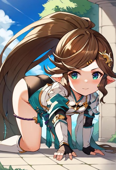 score_9, score_8_up, score_7_up, best quality, uncensored, source_anime, intricate details, high quality, perfect anatomy, BREAK
1girl, solo, gbf-polaris, harvin, brown hair, ponytail, green eyes, hair ornaments, armor, thigh boots, gbf-polaris outfit,
from side, all fours, Curious, Chin tilted up slightly, eyes wide open, and a slight smile., outdoors,
<lora:sdxl_lightning_8step_lora:1> <lora:gbf-polaris_XL(pony):1>