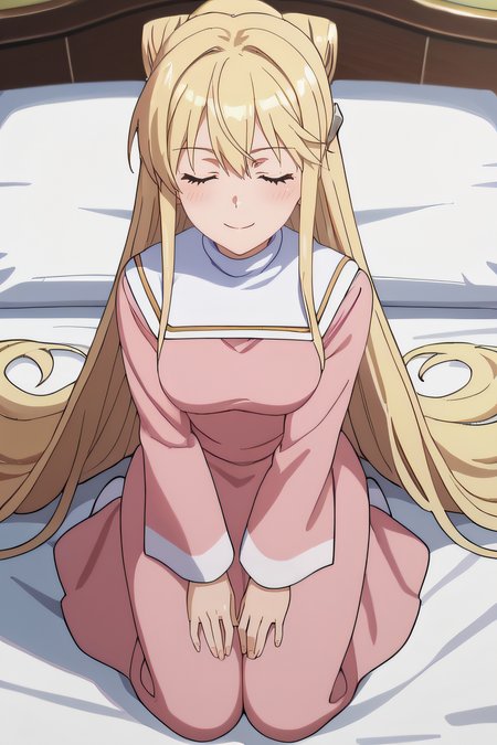 score_9, score_8_up, score_7_up, source_anime, rating_safe, intricate details, anime screencap, official style, 1girl, solo, <lora:Laura_Stuart:1>, laura, blonde hair, closed eyes, very long hair, pink dress, long sleeves, looking at viewer, five fingers, indoor, kneeling, full body, on bed, from above, smile, blush, hands on knees