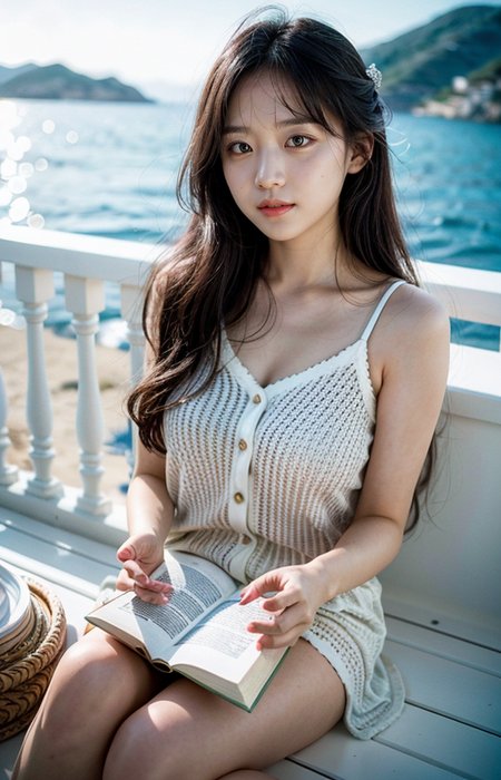 cinematic photo break. white wavy long hair,
A wonderful life, a relaxed atmosphere,Aegean Sea,sunny,a girl in love,reading books,pajama,smile,
<lora:Better_Pose:1>  <lora:fluxenhancer:1> <lora:sparklycism:1>, <lora:Tangbohu_real_style_FLUX_type_A:1>, 35mm photograph, film, (bokeh:1.3), professional, 4k, highly detailed