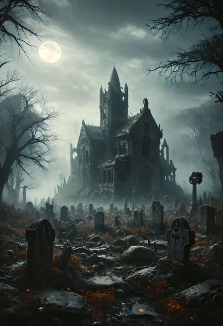 A dark, gothic horror landscape at night, with a full moon casting a pale light over a decrepit cemetery, (in the foreground a dead man mutilated rises from his grave:1.8). Sinister, glowing flora lines the old tombstones, and shadows move subtly as if haunted. The air is thick with a mysterious fog, and (ghostly apparitions can be seen in the distance:1.4), creating a chilling and ominous environment, a dark old castle on the background, (bats:0.5), ghosts . High detailed cinematic photo, breathtaking, dark shot, bokeh, photorealistic, 
shimmering digital colors, mixed media, textured paper, overlapping, asymmetrical, abstract, vibrant
many details, extreme detailed, full of details,
Wide range of colors.
Many details everywhere. soft shadows. Low saturation colors. Insane quality. Insane resolution. Insane details. Masterpiece. 32k resolution.
Dramatic,Dynamic,Cinematic,Sharp details
 <lora:add-detail-xl:1> <lora:MJ52:1> <lora:ral-apoctvisn-sdxl:1> <lora:zavy-cntrst-sdxl:1>